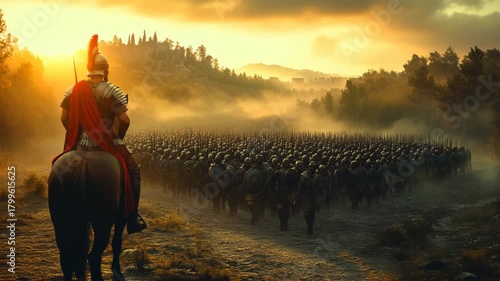 Glory of Rome A Roman general leads his legion on the march to war at dawn. An epic and cinematic scene for historical films documentaries and game intros.