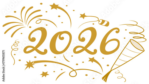 Happy new year 2026 celebration background with golden confetti and party poppers vector design art