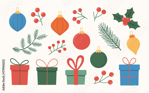 Collection of hand drawn christmas ornaments gifts and holly berries