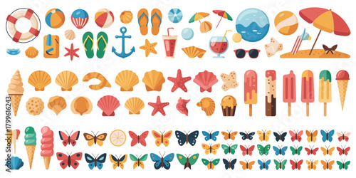 Collection of summer beach and ice cream icons and illustrations