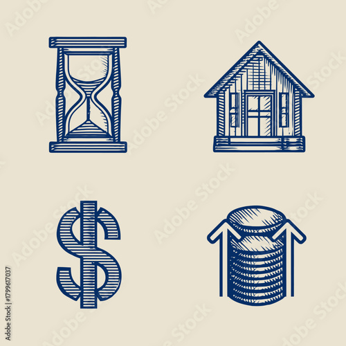 Time, money, home, and investment growth concepts represented by hand-drawn blue sketch icons for finance and real estate.