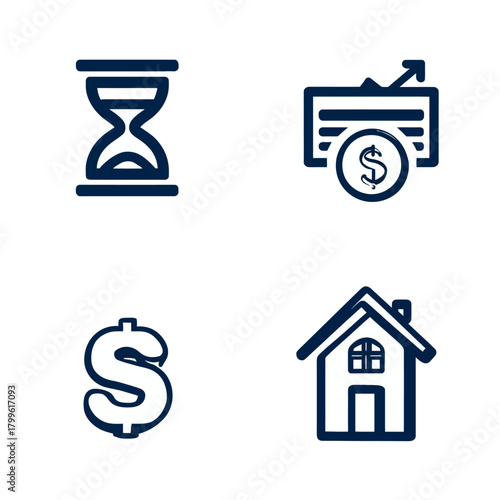 Business and finance vector icons: time management, money growth, investment, dollar currency, and real estate property symbols.