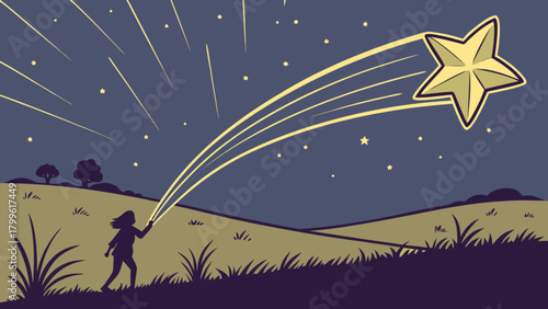 Dreaming girl reaching for a star illustration in night sky landscape vector art design concept