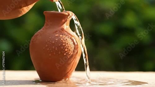 Close-up shot of water pouring from a clay jug, overflowing onto a surface.