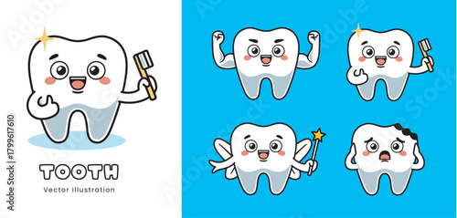 Cute teeth cartoon for education with variations of healthy, tooth fairy, cavities, brushing.