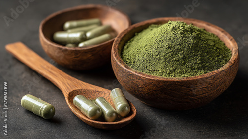 Close up of green powder in a wooden bowl with capsules and spoon on a dark textured surface