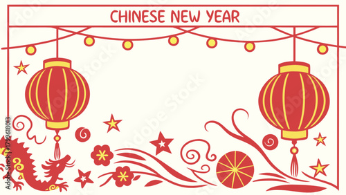 Celebrate chinese new year with lanterns dragon and festive decorations vector illustration design element