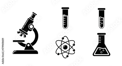 Black and white illustration featuring a microscope, test tubes, an atom model, and a flask, representing scientific research and experimentation.
