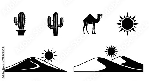 Black and white vector illustration featuring cacti, a camel, sun, and sand dunes depicting a desert landscape.