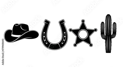Black and white illustration featuring a cowboy hat, horseshoe, sheriff star badge, and a cactus, all icons of the American West.
