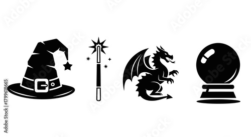 Four black and white fantasy icons: a wizard hat, magic wand, dragon, and crystal ball, isolated on a white background.