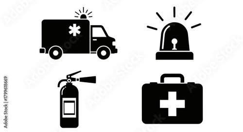 A vector illustration featuring an ambulance, flashing light, fire extinguisher, and first aid kit.