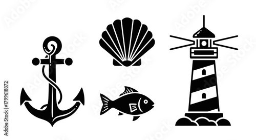 Nautical themed vector illustration featuring an anchor, seashell, fish, and lighthouse on a white background.
