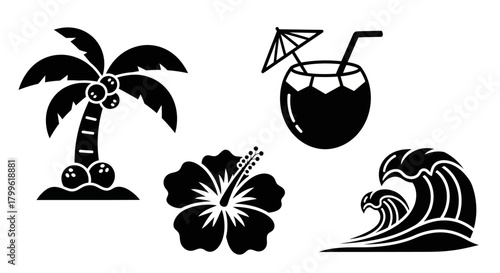 Black and white illustration featuring a palm tree, hibiscus flower, ocean wave, and a coconut drink with an umbrella and straws.
