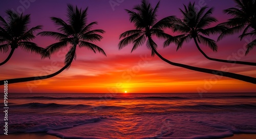 Fototapeta Naklejka Na Ścianę i Meble -  Palm trees sunset ocean tropical beach