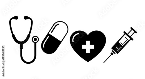 Medical icons depicting a stethoscope, capsule pill, heart with a plus sign, and a syringe, all in black and white.