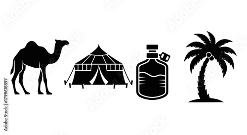 Black and white vector icons depicting desert elements: a camel, a tent, a water bottle, and a palm tree.