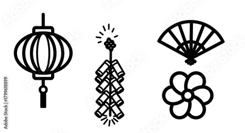 Black and white vector illustration showing a Chinese lantern, firecrackers, a fan, and a flower, symbols of Chinese culture and celebrations.