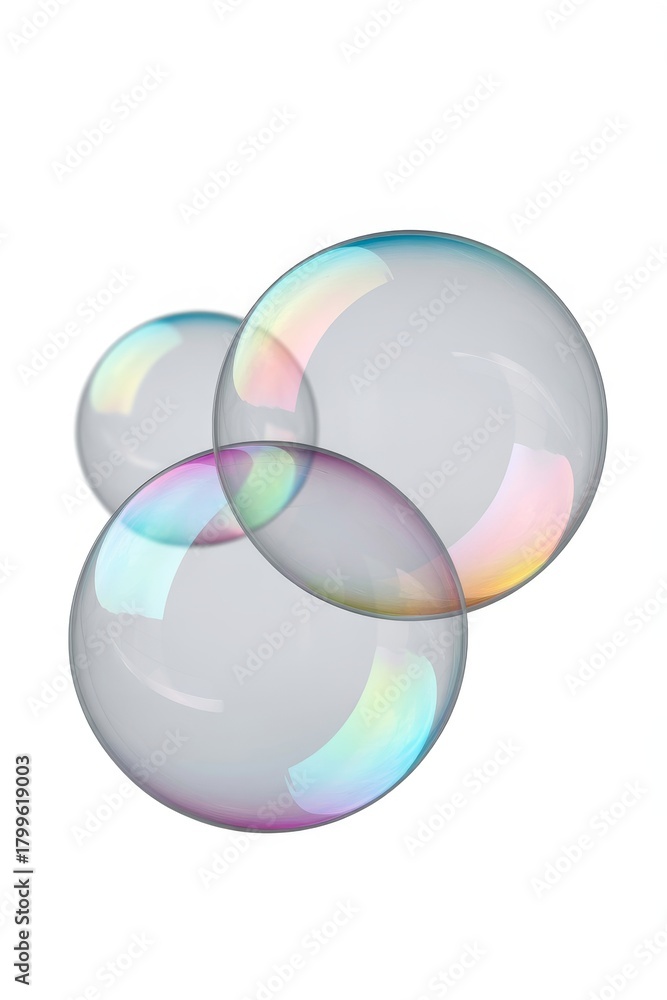 Obraz premium Floating transparent soap bubbles reflect light in various colors high above the ground