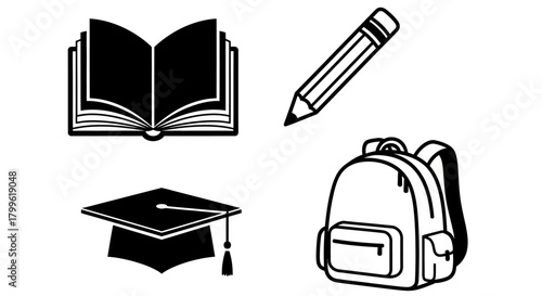 An open book, a pencil, a graduation cap, and a backpack are depicted as black and white line art illustrations.