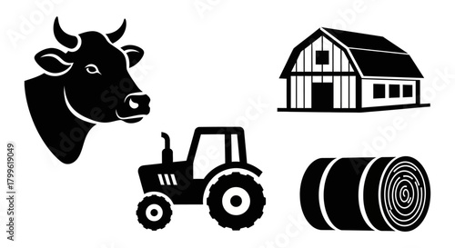 Illustration of a farm scene featuring a cow, barn, tractor, and hay bale, all depicted in black and white.