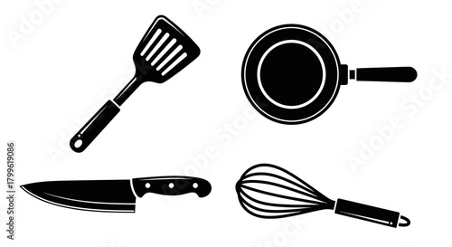 Illustration of kitchen utensils: a slotted spatula, frying pan, chef's knife, and whisk, all in black silhouette against a white background.