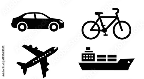 Four black and white transportation icons: a car, a bicycle, an airplane, and a cargo ship, arranged in a simple graphic design.