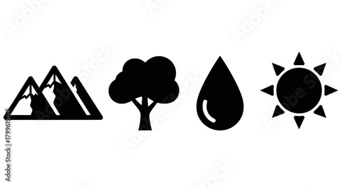 Simple black and white icons depicting mountains, a tree, a water droplet, and the sun, arranged in a horizontal row.