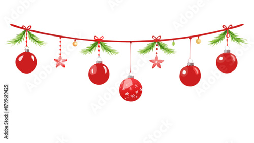 Watercolor christmas garland with red ornaments and floral decorations for holiday season decor ideas