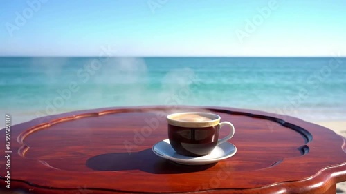 A steaming cup of coffee sits on a wooden table with the ocean and sky in the background.