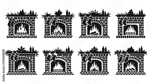 Christmas fireplace vector silhouette set with stockings and firewood
