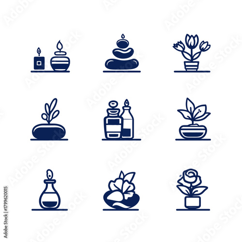 Blue spa and wellness icon set featuring candles, essential oils, plants, and zen stones, representing relaxation and natural healing.