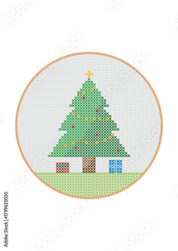 Vector drawing of a Christmas tree made using cross-stitch