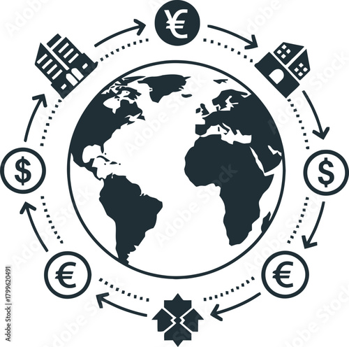 Global financial exchange and investment flow illustration with currency symbols and buildings, isolated on white background.