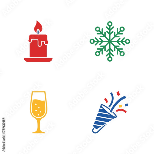Festive icons: candle, snowflake, champagne, party popper. holiday celebration and winter elements. Vector, illustration