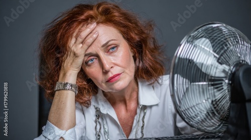 Mature businesswoman experiencing menopause symptoms at work, hot flush and sweating in modern office, health awareness, stress, hormone balance, fatigue, resilience