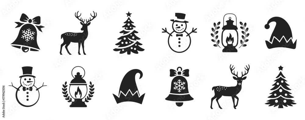Fototapeta premium Christmas vector silhouette set with deer, snowman, bell, tree, hat, and lantern