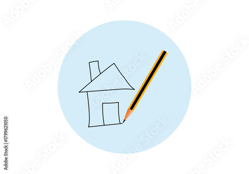 Icono de dibujar, lápiz dibujando una casa