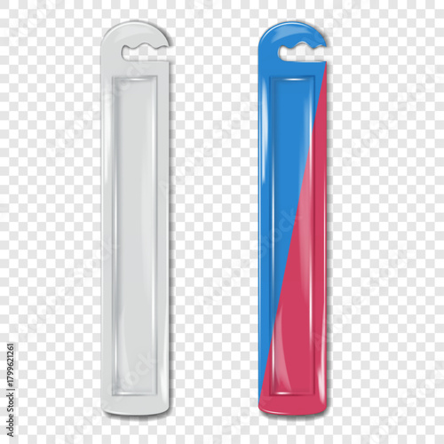 Long cardboard back clear plastic front hanger top blister box. Vector mockup. Hanging transparent package to display product. Realistic mock-up. Blank white and color design. Easy editable template