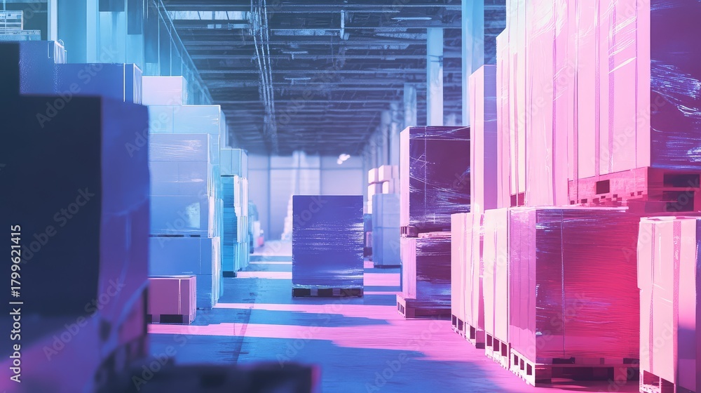 Fototapeta premium Warehouse interior storing goods on pallets with vibrant lighting
