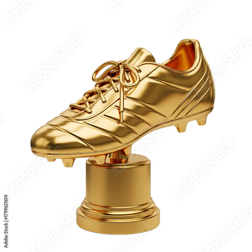 Golden soccer cleat trophy on a pedestal against a transparent background