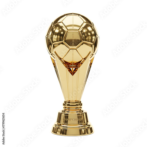 A golden trophy with a soccer ball on top against a transparent background