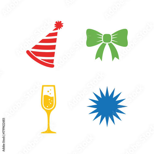 Collection of colorful party icons: birthday hat, bow, champagne glass, and starburst Vector, illustration