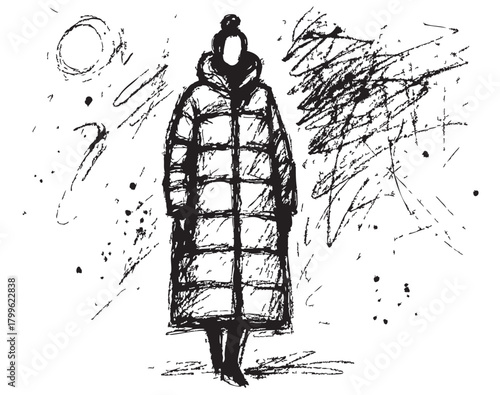 Abstract fashion model in dress hand drawn ink doodle, sketch, outline black and white vector fashion illustration