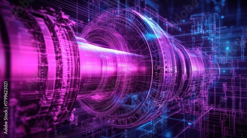 Fototapeta Naklejka Na Ścianę i Meble -  Engineering blueprint with glowing digital data tunnel