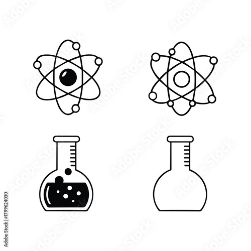 Science icons set. Atom model and chemical flask vector symbols.