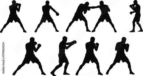 Boxer training silhouette vector illustration, male athlete practicing boxing moves, punching stance, and defense positions for combat sport, fitness, and strength concept