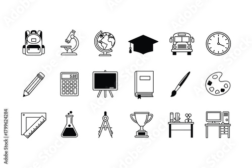 Education and school icon set. Learning, supplies, and college vector symbols.