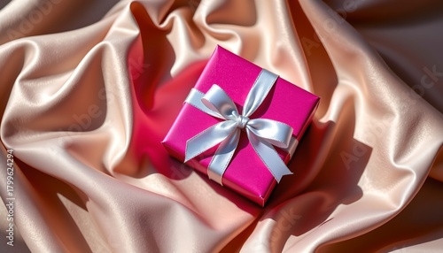 Pink Gift Box with Silver Ribbon Textured Fabric