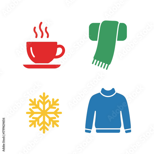 Winter season icons: hot drink, scarf, snowflake, and sweater - vector set Vector, illustration